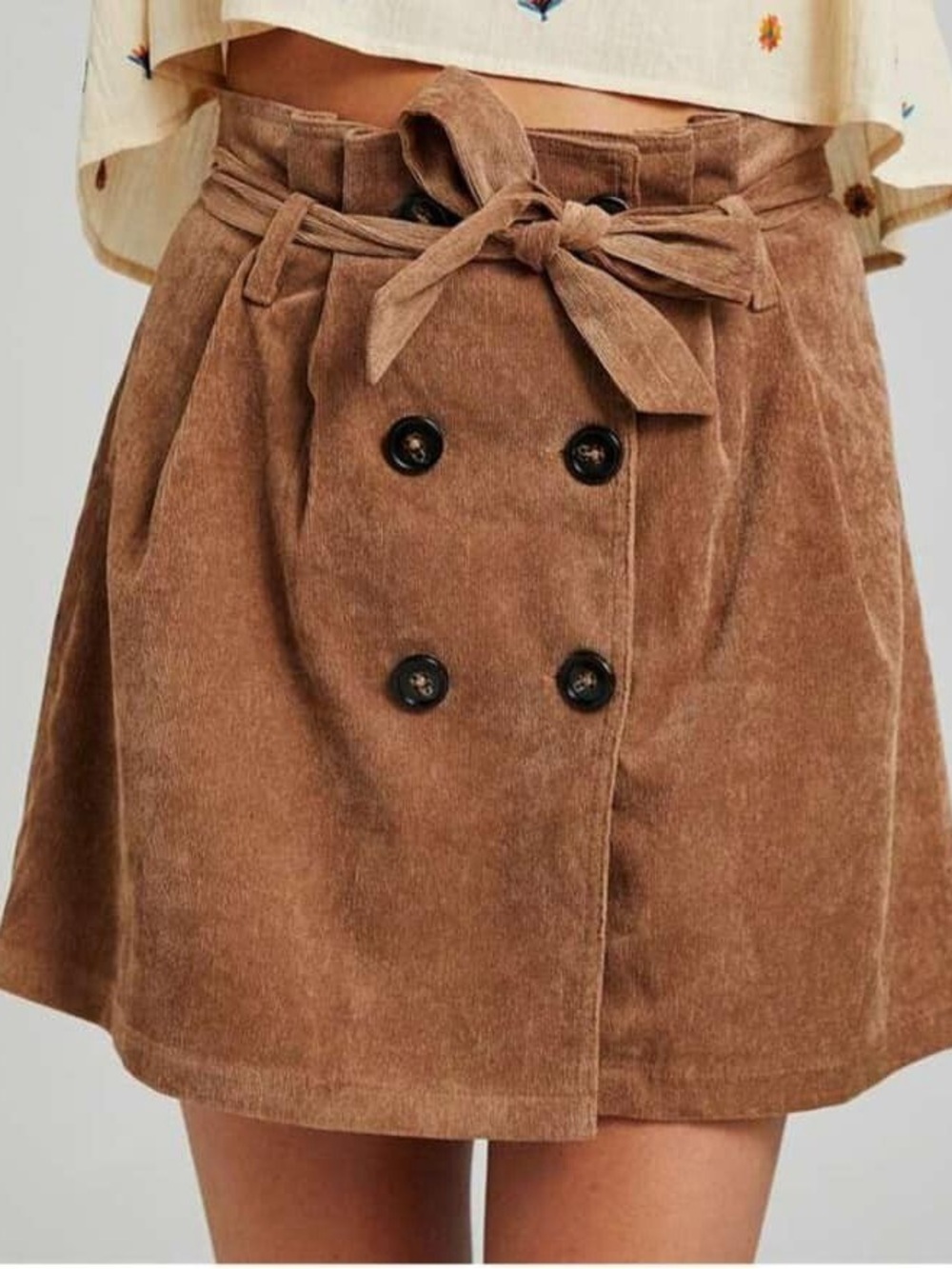 Altar'd State Tan Brown Corduroy Tie-Waist High Rise Mini Skirt